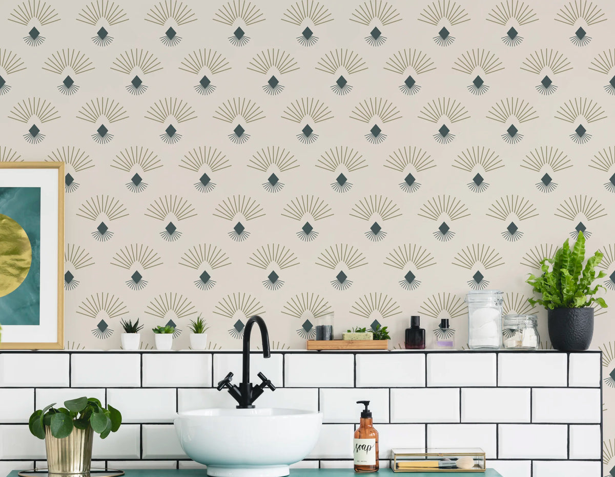 Mid Century Art Deco Wallpaper | Fan Pattern Beige Teal Peel and Stick Decor