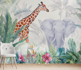 Kids Animal Wallpaper | Watercolor Jungle Peel and Stick Wall Mural image 4