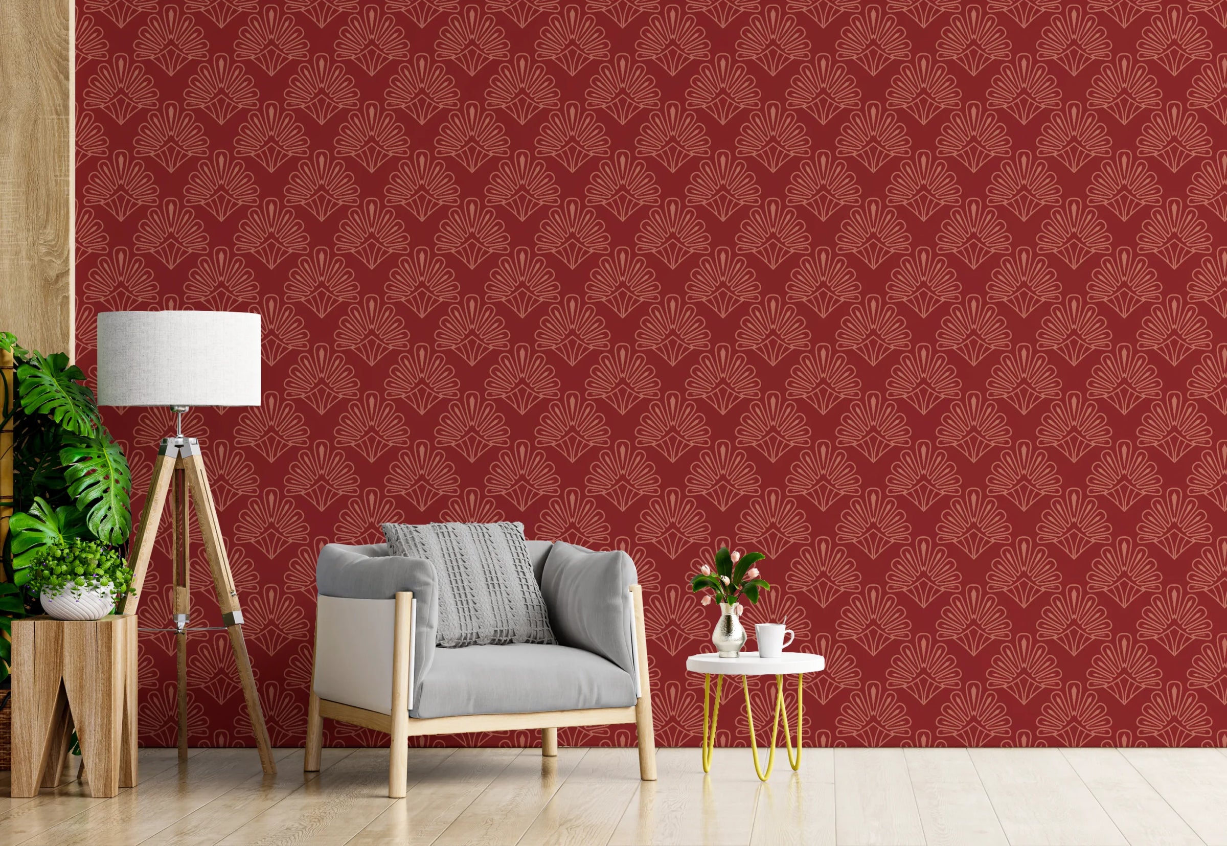 Art Deco Damask Design|Red Vintage Peel and Stick Wallpaper image 1