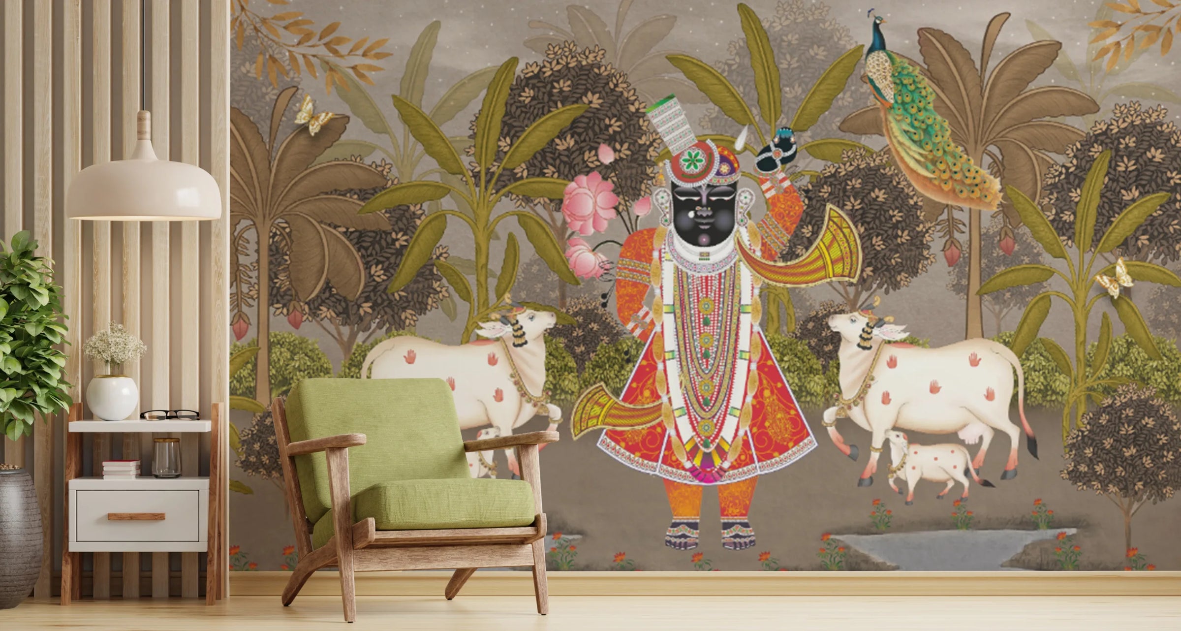 Indian Pichwai Wallpaper | Shreenath Ji Art Pooja Room Peel Stick Wallpaper image 4