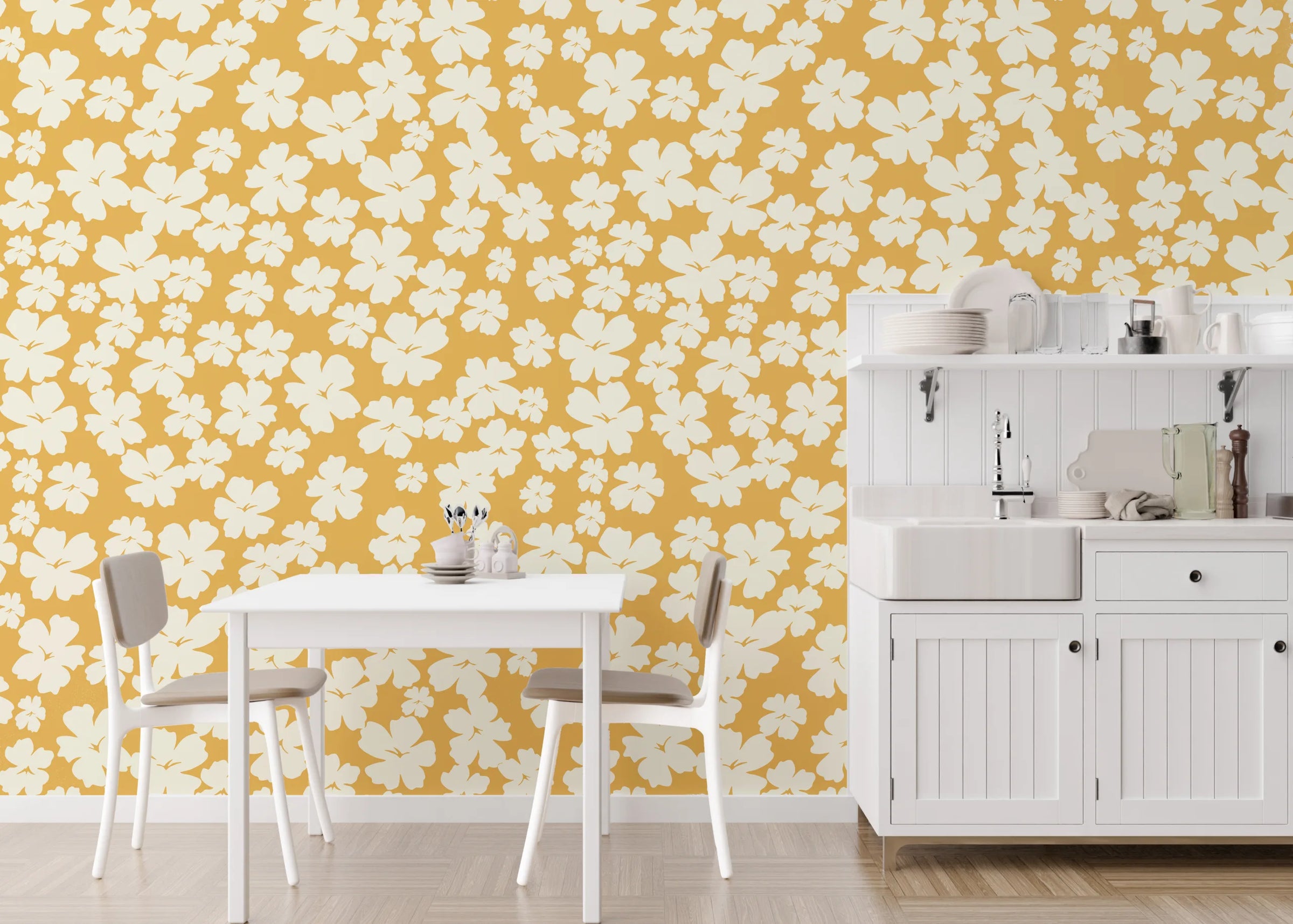 White Flower Wall Decor | Mustard Yellow Bloom Peel and Stick Wallpaper image 0
