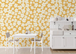 White Flower Wall Decor | Mustard Yellow Bloom Peel and Stick Wallpaper image 0