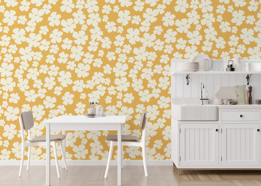 White Flower Wall Decor | Mustard Yellow Bloom Peel and Stick Wallpaper