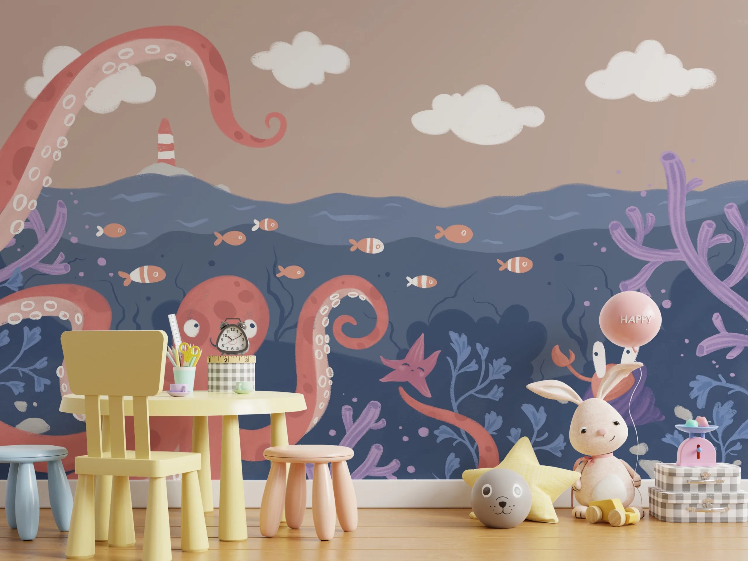 Octopus Underwater Wallpaper | Pink Octopus Ocean Peel and Stick Nursery Decor image 2