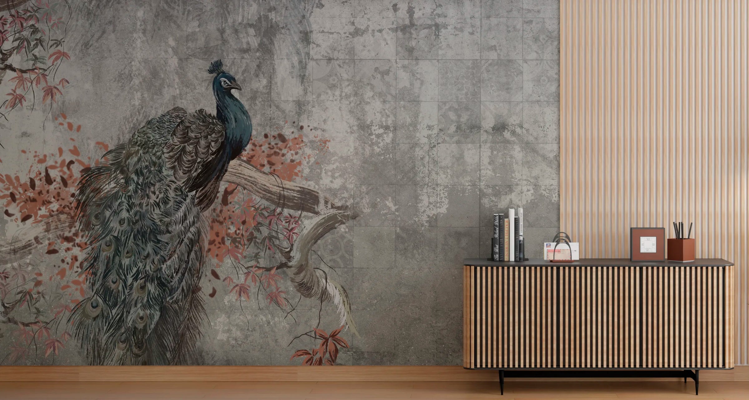 Peacock Concrete Wallpaper | Grey Vintage Peel and Stick Wall Mural image 1