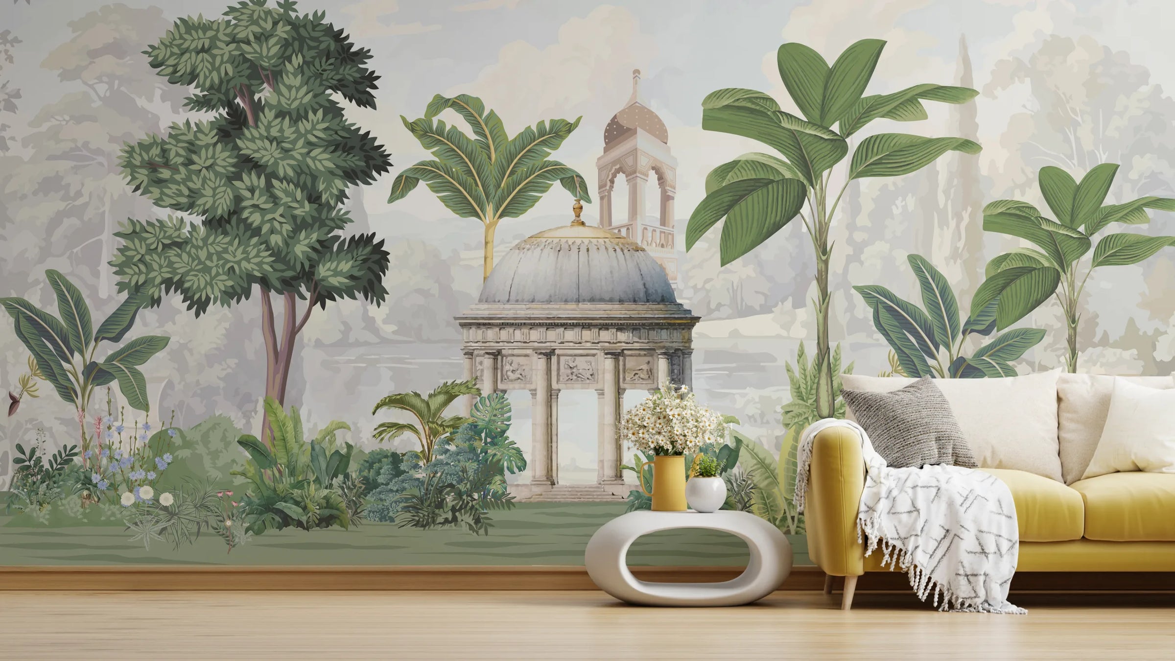Vintage Palace Garden Mural | Green Inidan Peel and Stick Wallpaper image 3