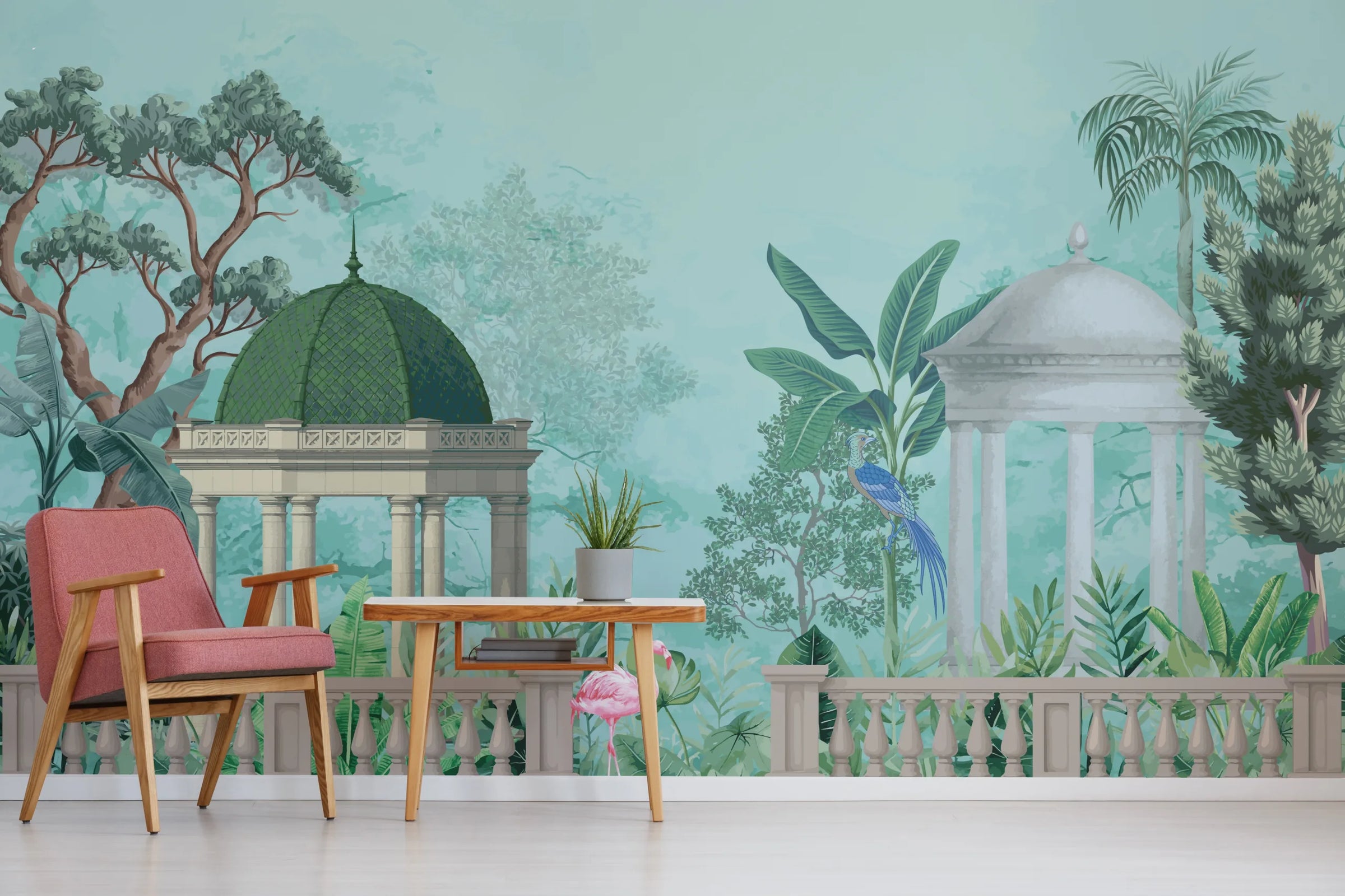 Tropical Oasis Pavilion Wallpaper | Indian Heritage Wall Art | Blue Green Peel and Stick image 3