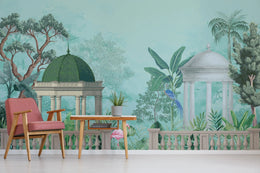 Tropical Oasis Pavilion Wallpaper | Indian Heritage Wall Art | Blue Green Peel and Stick image 3
