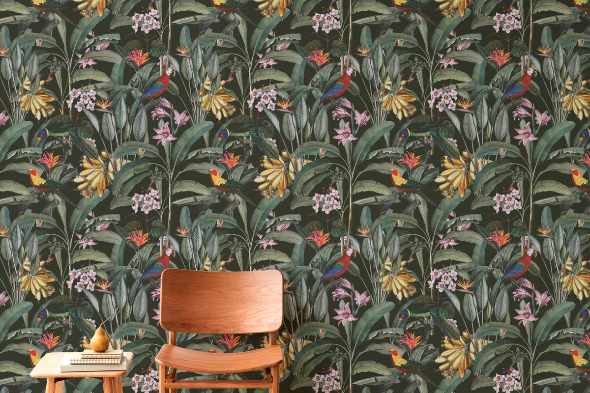 Tropical Parrot Design | Colorful Green Floral Peel and Stick Wallpaper