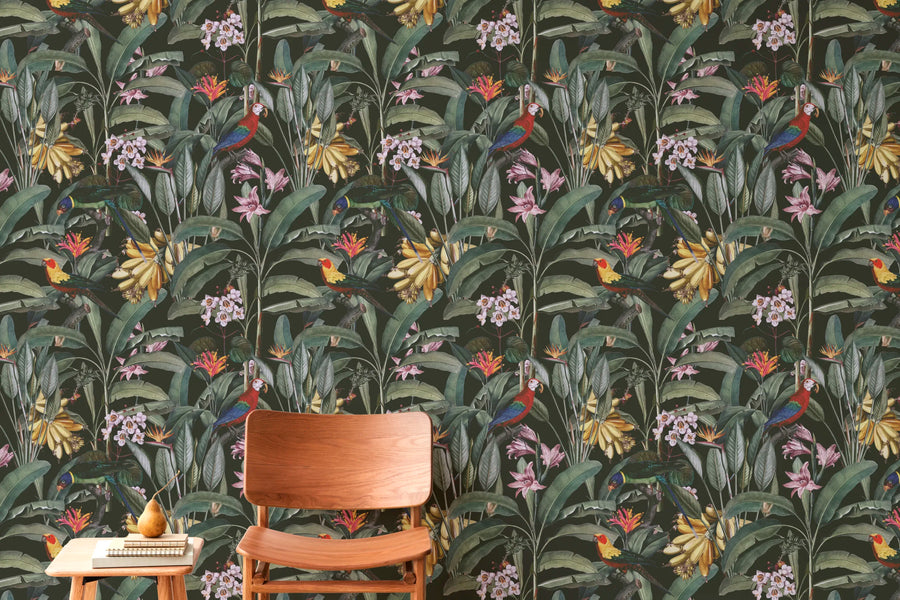 Tropical Parrot Design | Colorful Green Floral Peel and Stick Wallpaper