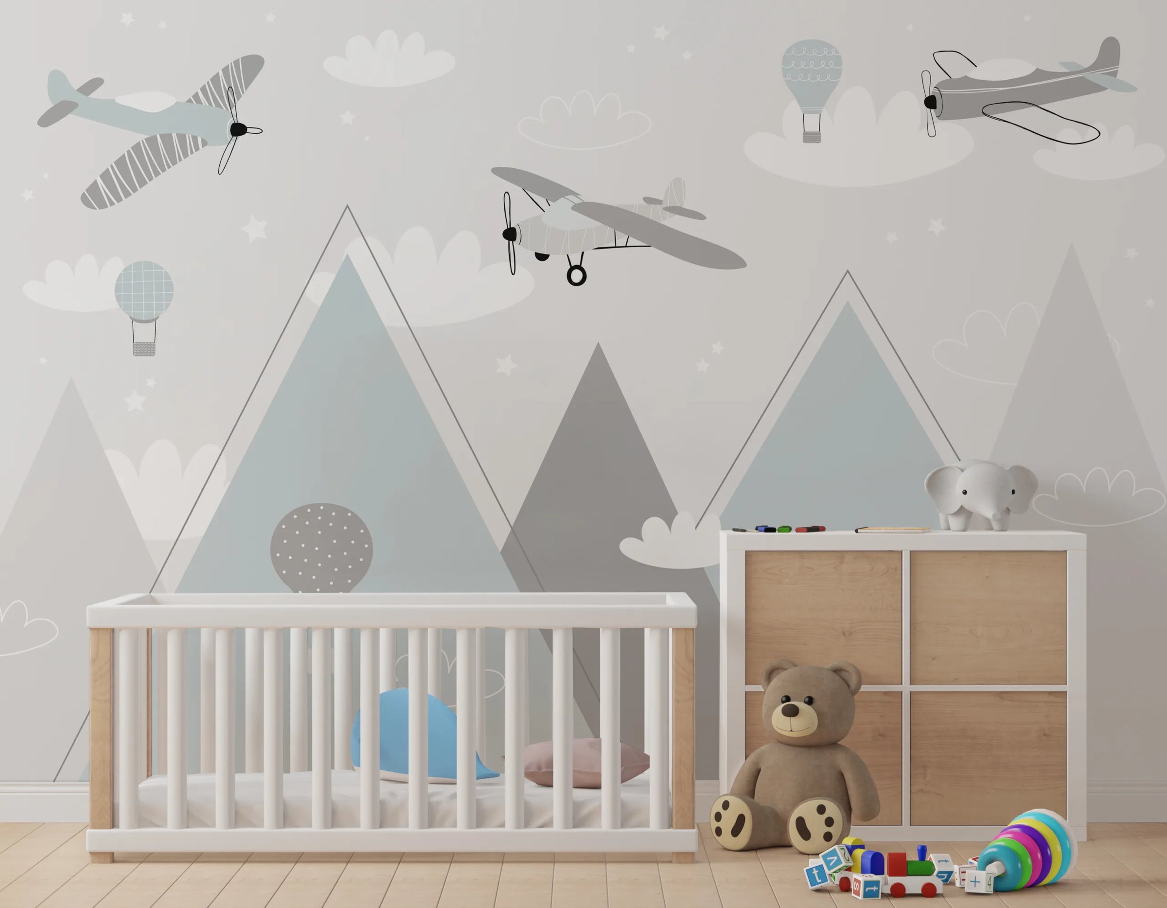 Mountain Adventure Gray Kids Mural| Airplane Air Balloon Removable Wallpaper image 5