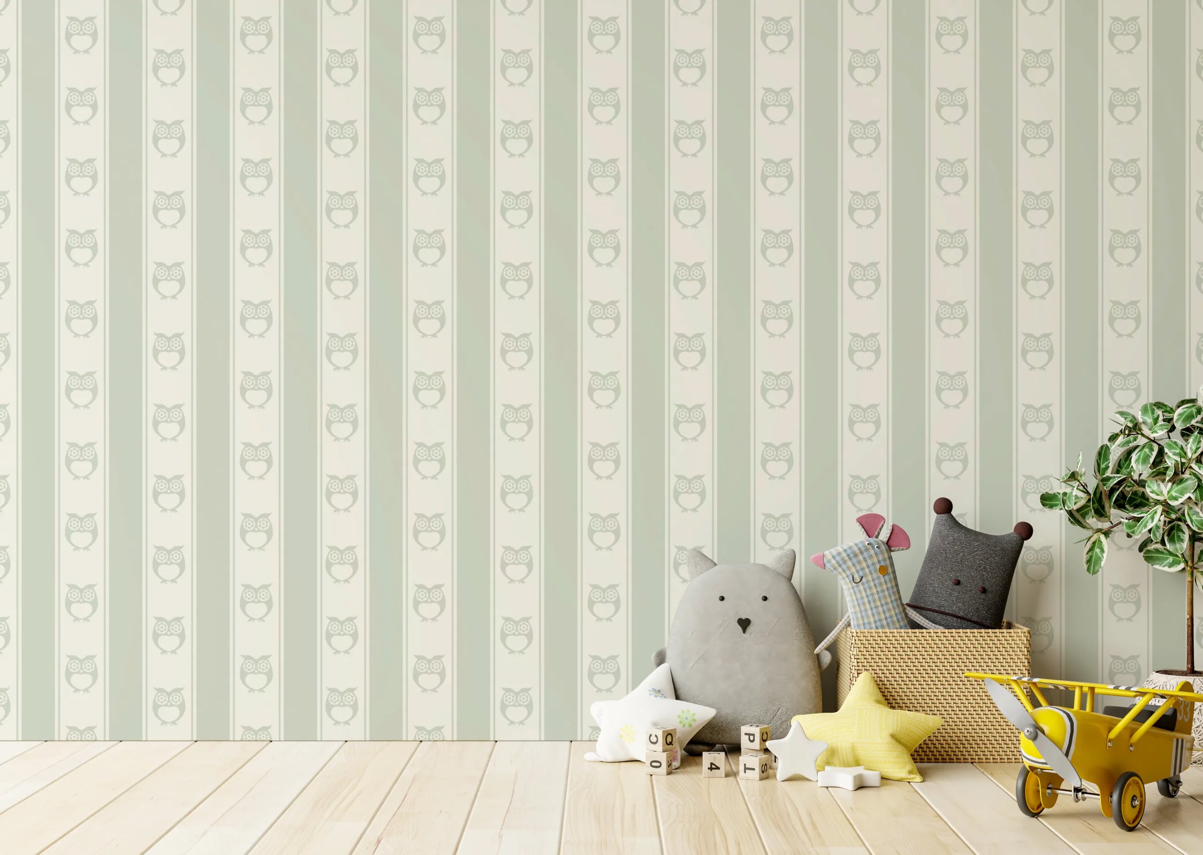 Owl Nursery Peel and Stick Wallpaper | Sage Green Forest Animals – Repeat Pattern image 1