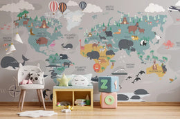 Whimsical Animals World Map Peel and Stick Kids Wallpaper image 4