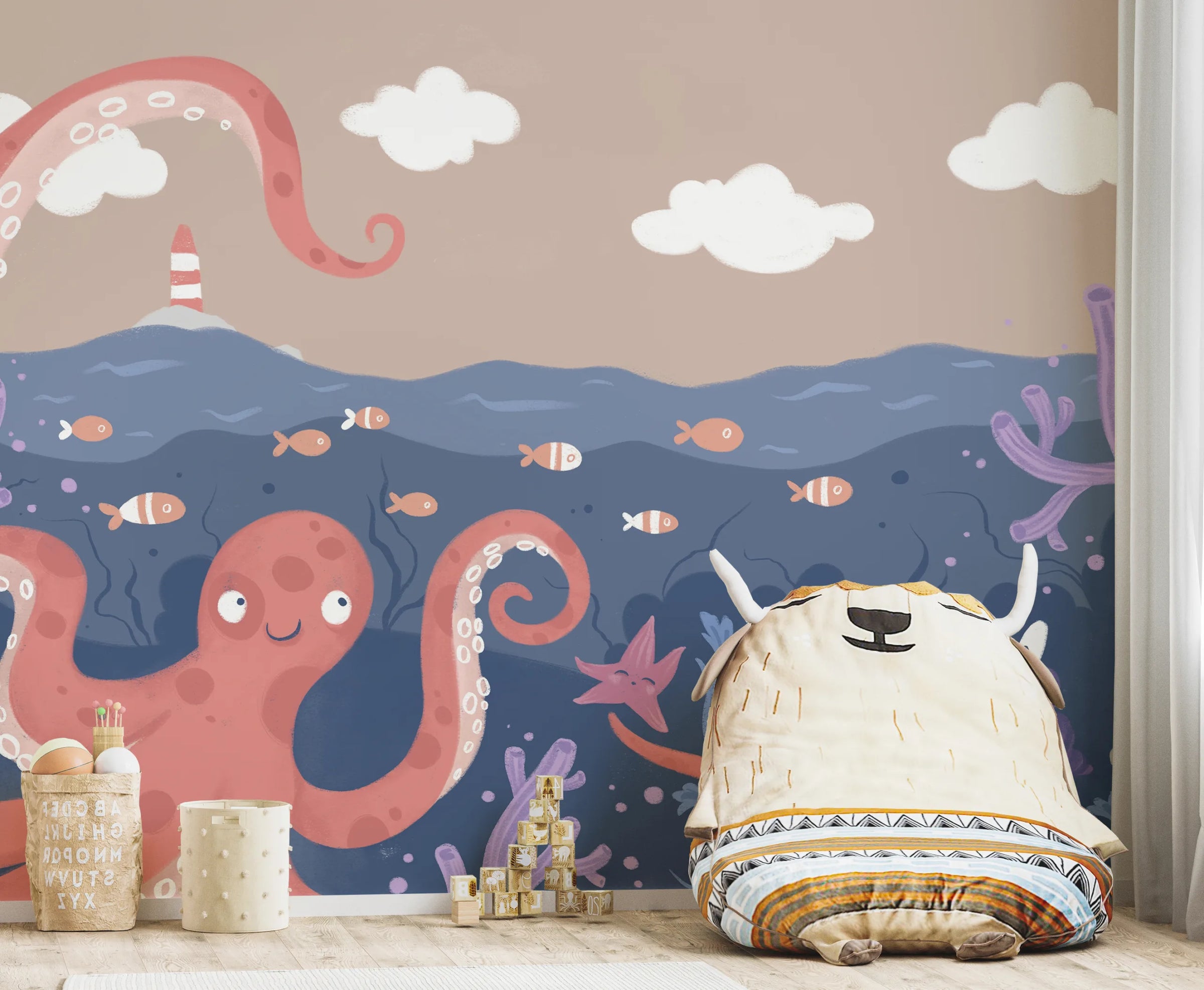 Octopus Underwater Wallpaper | Pink Octopus Ocean Peel and Stick Nursery Decor image 3
