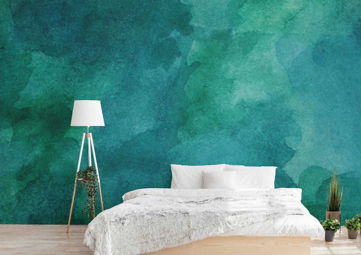 Ocean Teal Watercolor Wallpaper | Ombre Modern Removable Wall Mural