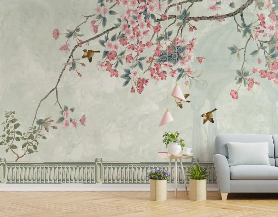 Chinoiserie Bird and Flower | Pink Cherry Blossom Peel and Stick Wallpaper image 1
