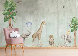 Watercolor Safari Animal Wall Mural | Green Jungle Peel and Stick Wallpaper image 4