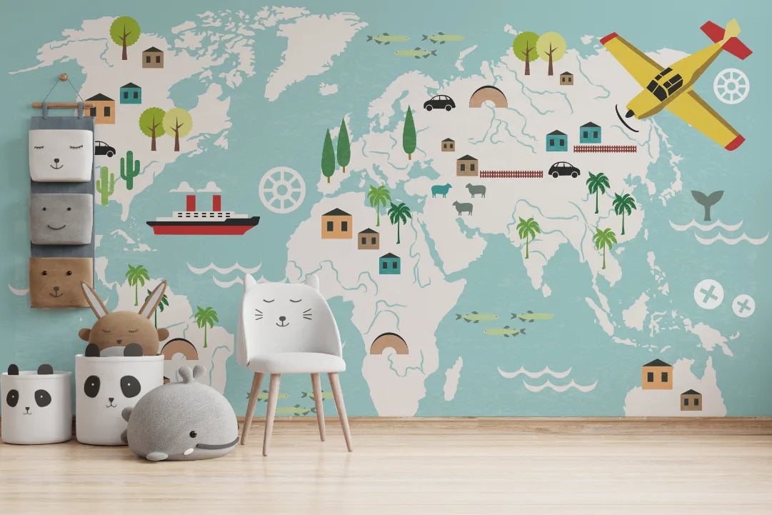 World Map Blue Child Room Peel and Stick Wallpaper image 1