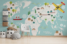 World Map Blue Child Room Peel and Stick Wallpaper image 1
