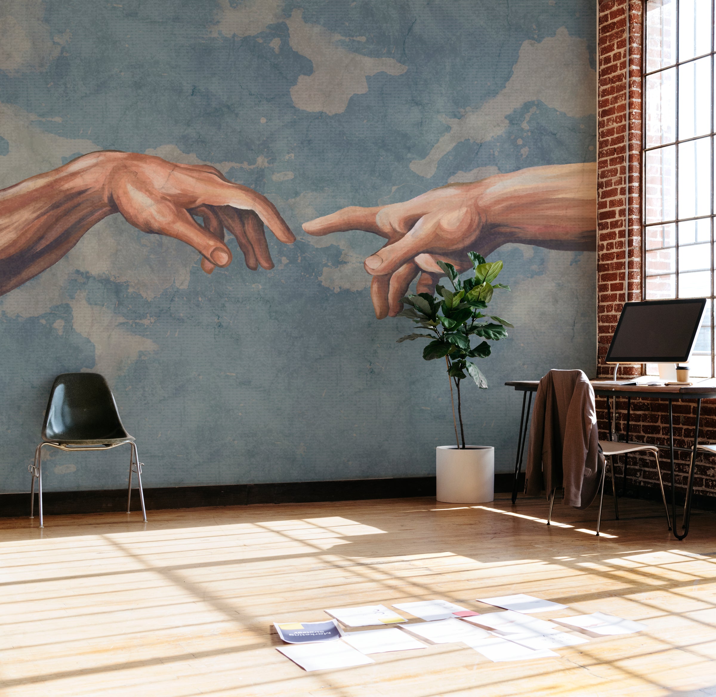 Renaissance hands wallpaper featuring textured blue backdrop, perfect for stylish home office decor