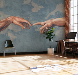 Renaissance hands wallpaper featuring textured blue backdrop, perfect for stylish home office decor