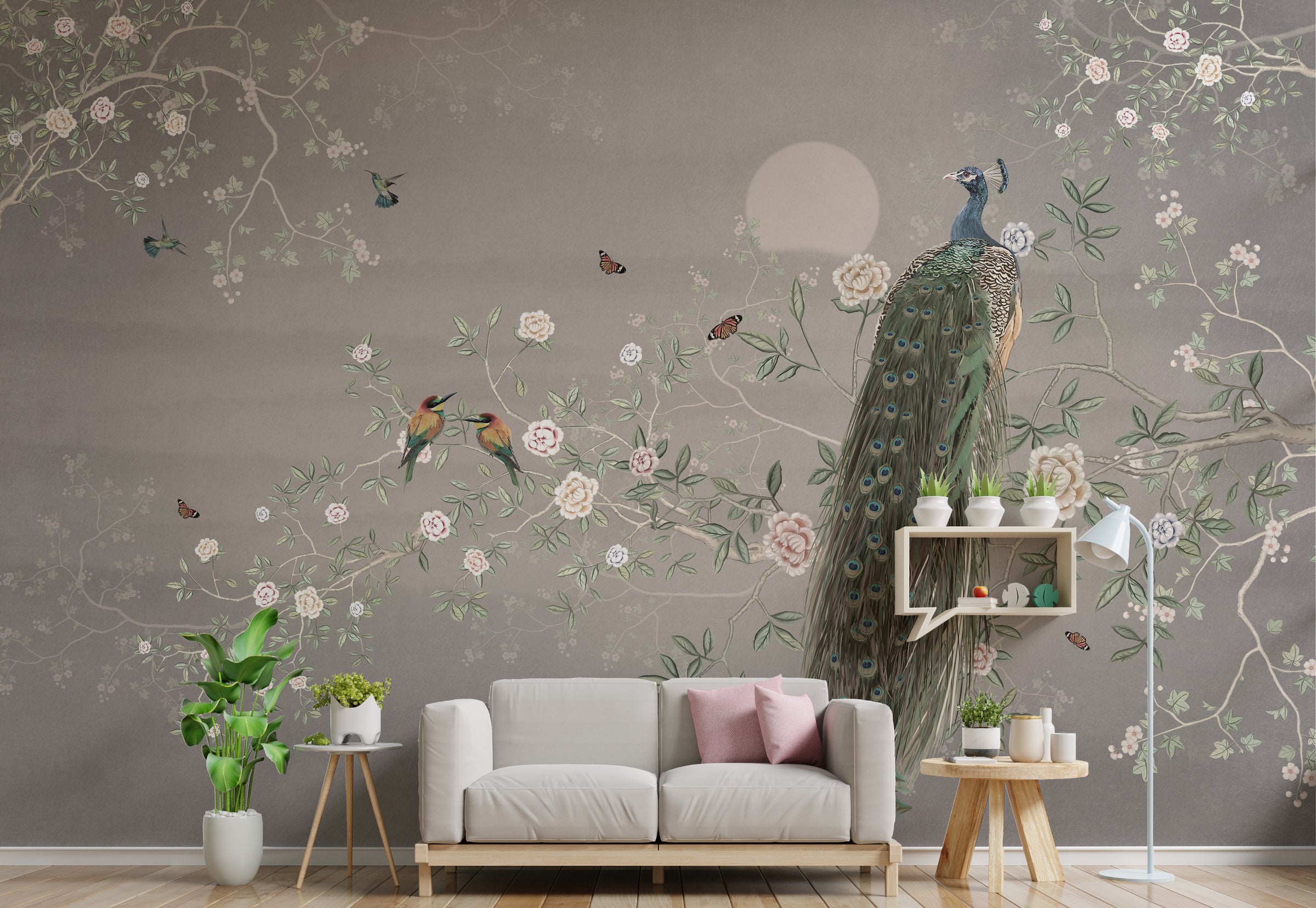 Vintage Gray Peacock Floral Removable Wallpaper
