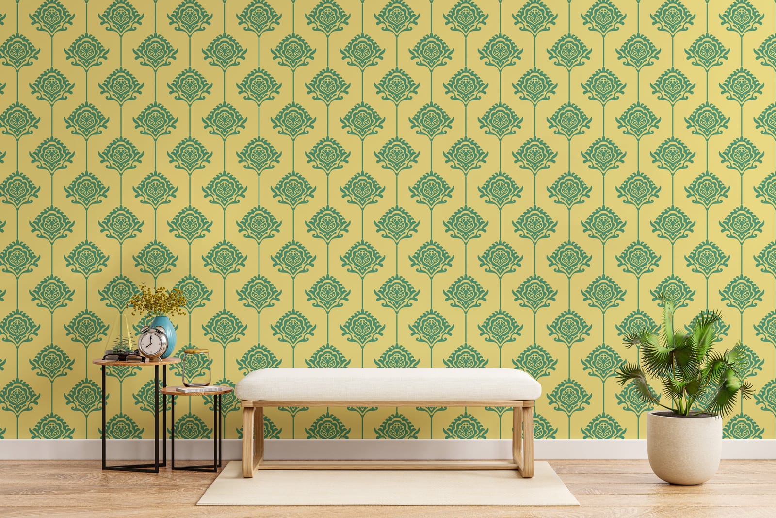 Sophisticated study room wallpaper featuring green floral vintage design, ideal for focused modern workspace