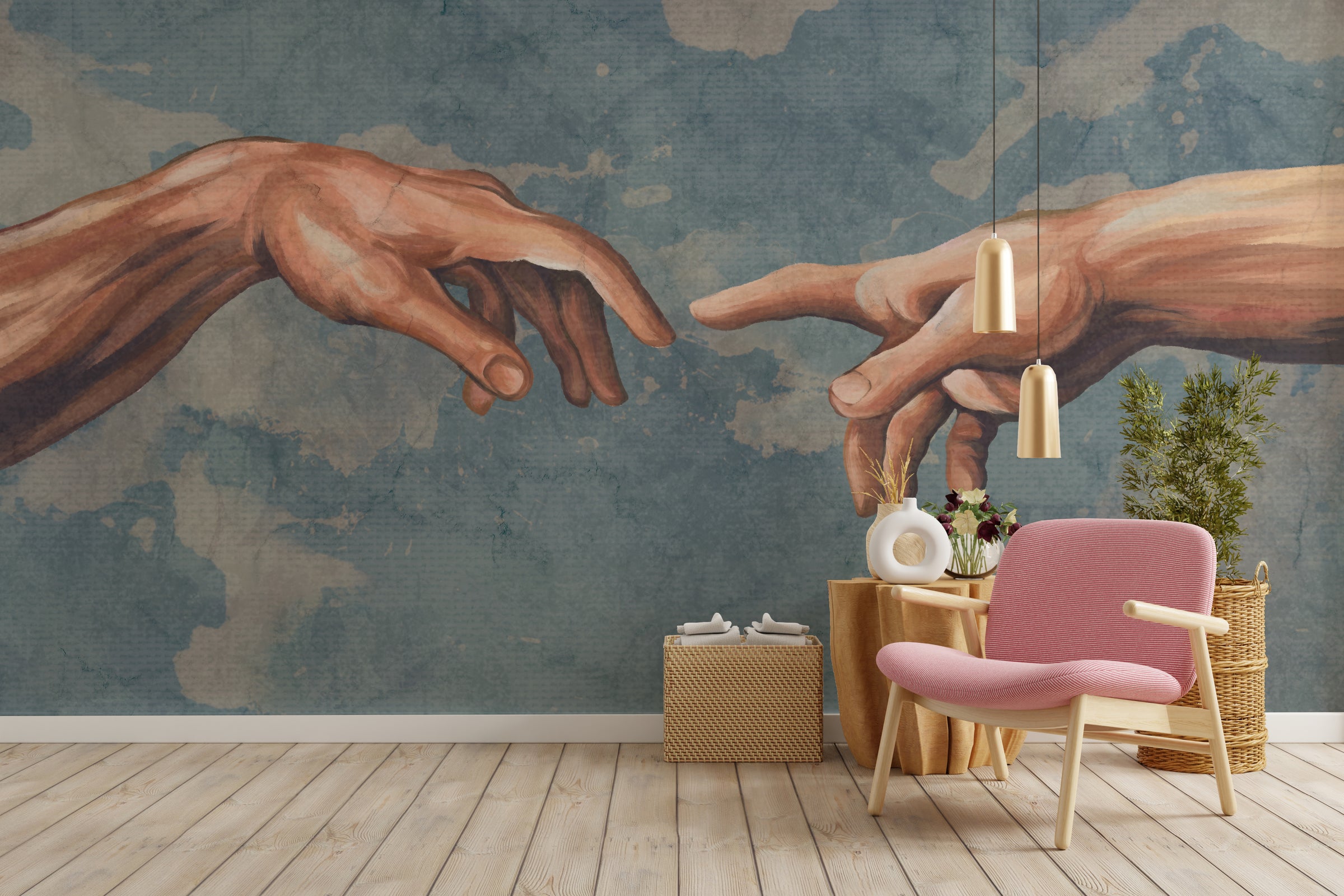 Creation of Adam hands wallpaper with muted blue texture, enhancing modern living room elegance