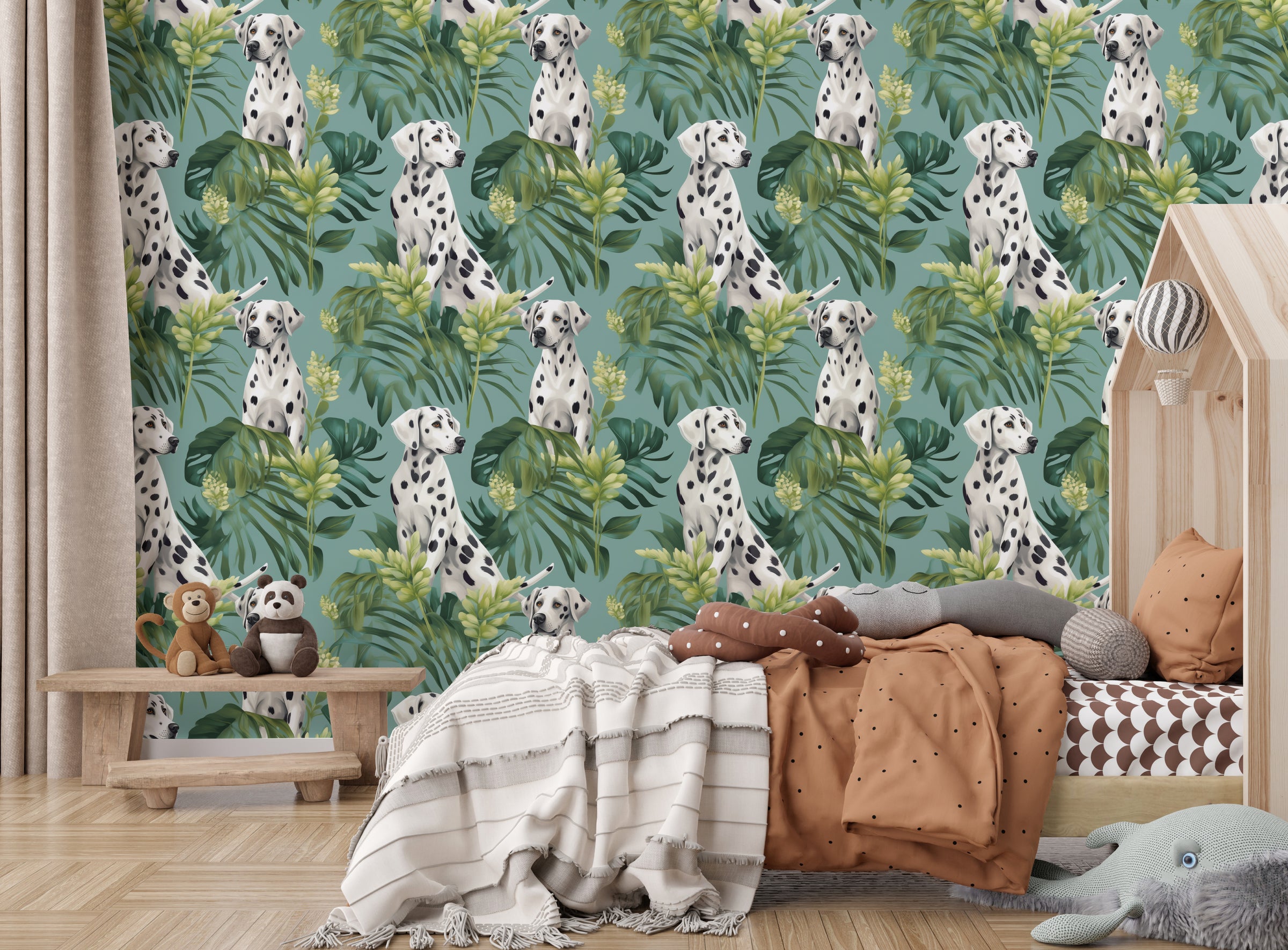 Green tropical Dalmatian design wall feature, perfect for playful nursery or baby room