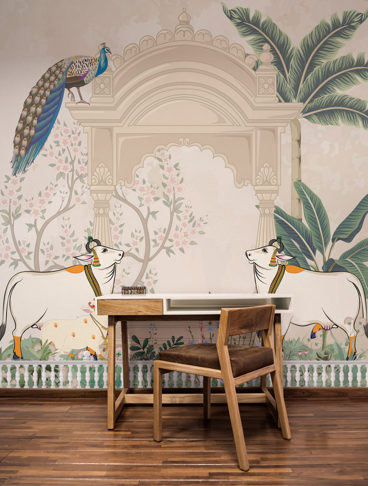 Beige Indian Peacock Mughal Arch Wallpaper Living Room Self Adhesive Mural