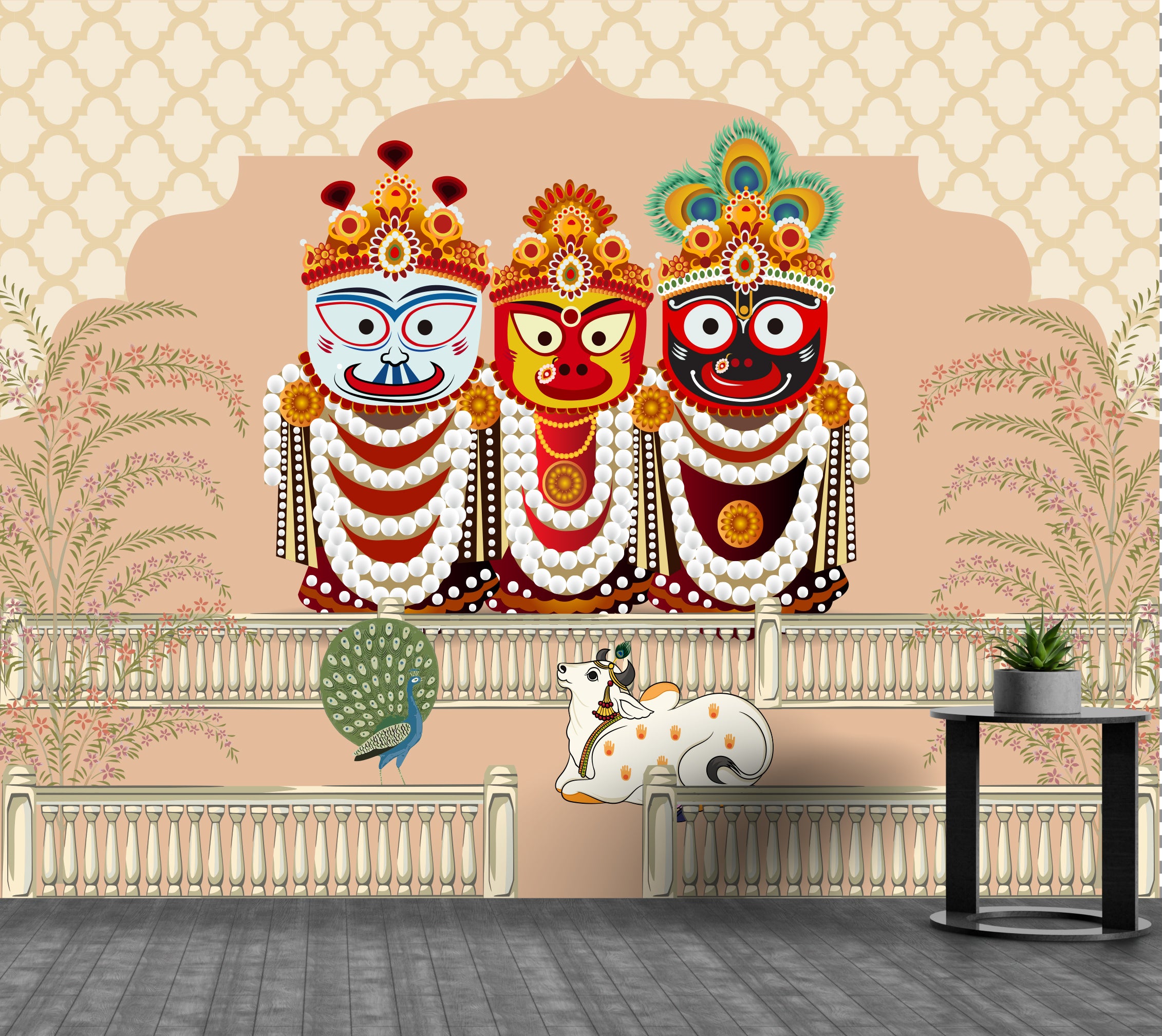 Traditional Odisha art featuring Jagannath trio, bright red yellow palette, statement bedroom decor
