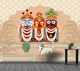 Traditional Odisha art featuring Jagannath trio, bright red yellow palette, statement bedroom decor