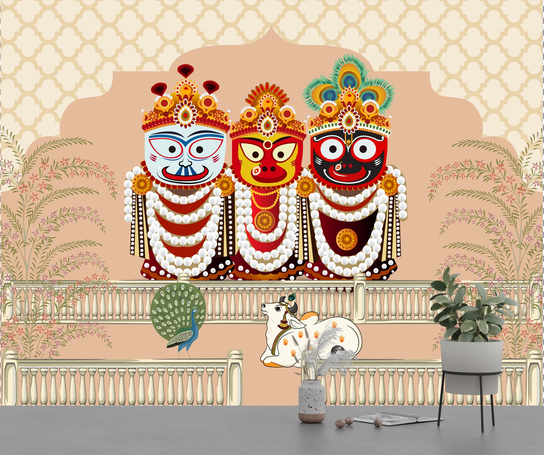 Colorful Jagannath wall design with intricate crowns, warm tones, spiritual home temple decor