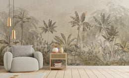 Tropical jungle wallpaper mural with layered green foliage creating a calm and refreshing atmosphere in a modern bedroom setting.
