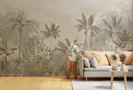 Exotic rainforest wall design featuring lush botanical elements that add depth and a bold natural statement to the living room space.