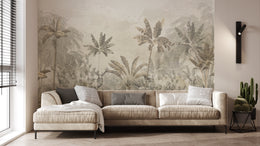 Lush rainforest wall mural with vibrant botanical layers adding an adventurous and lively feel to a guest area.