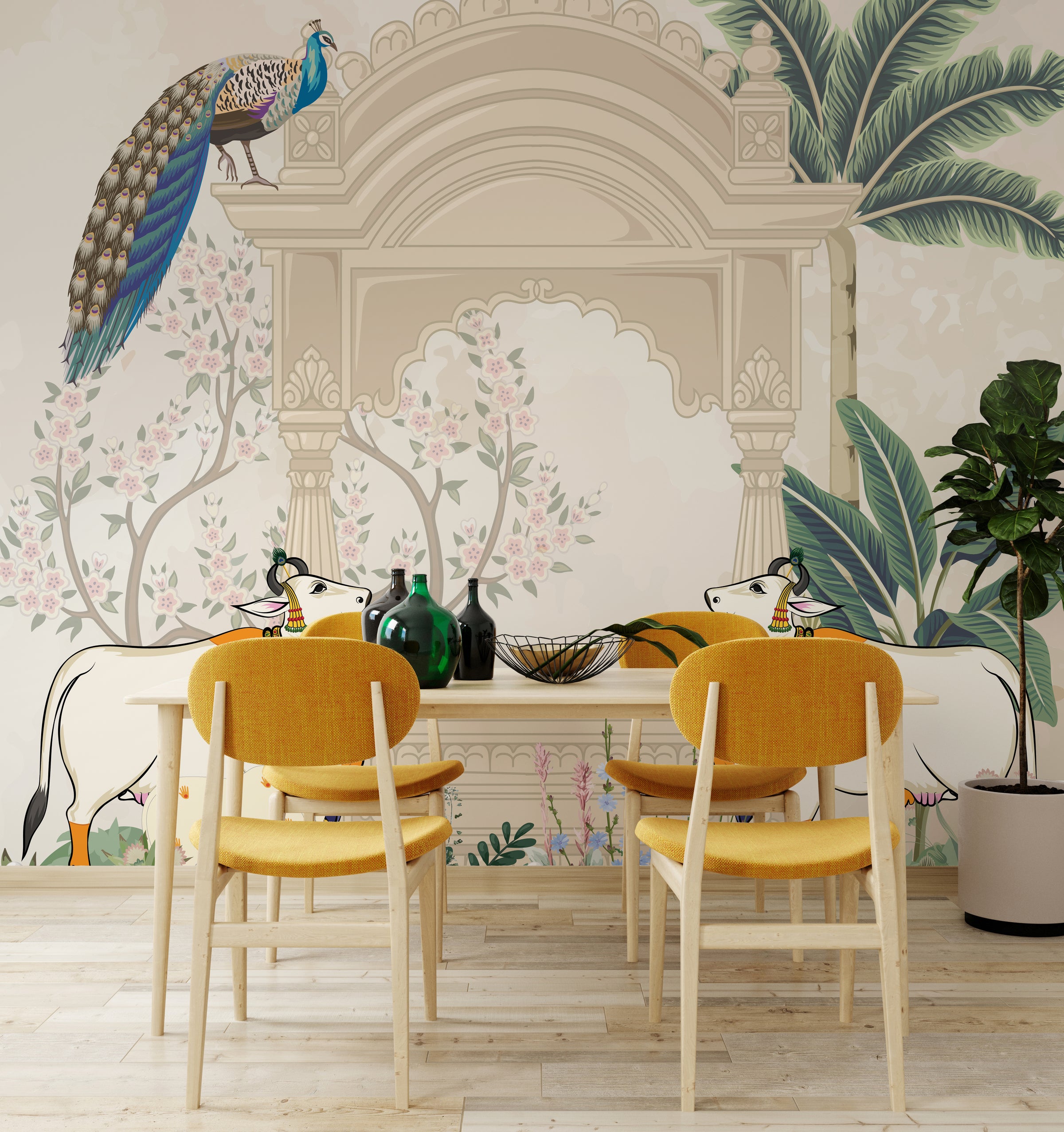 Royal Indian mural wallpaper featuring peacock and cows in cream tones for dining room