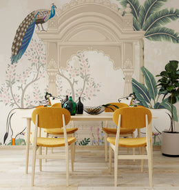 Royal Indian mural wallpaper featuring peacock and cows in cream tones for dining room