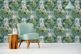 Dalmatian print accent wall with botanical jungle leaves, ideal kids room interior styling