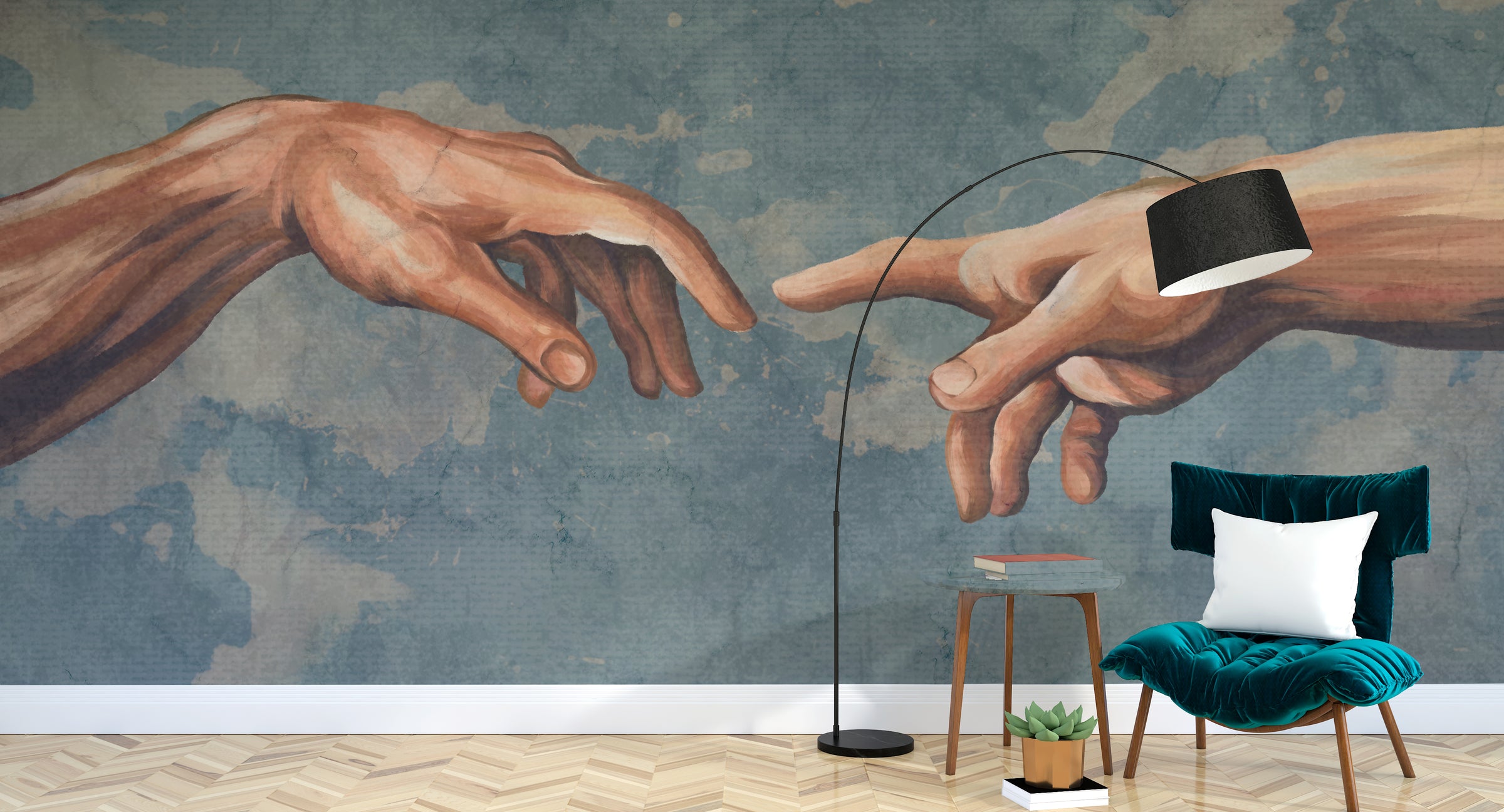 Classical fresco hands wallpaper with earthy tones, adding sophistication to hallway or entryway walls