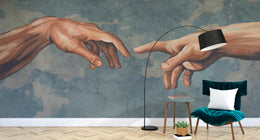 Classical fresco hands wallpaper with earthy tones, adding sophistication to hallway or entryway walls