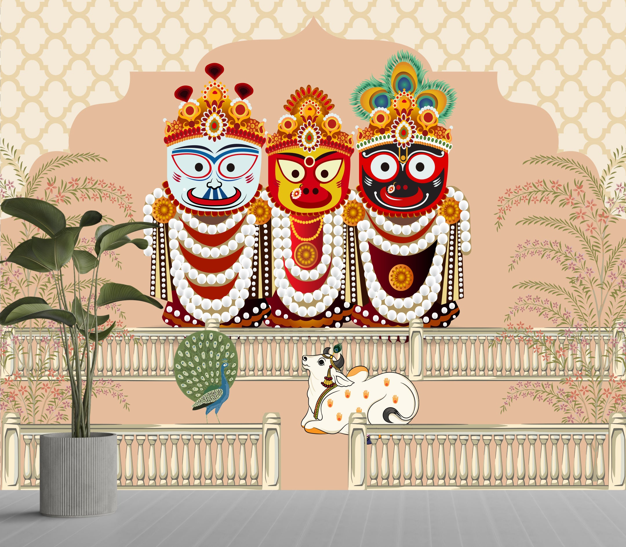Bold Indian mythological mural showing Jagannath trio, vibrant colors, modern living space decor