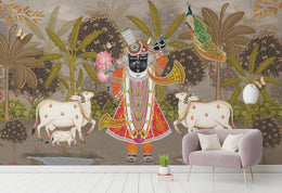 Indian Pichwai Wallpaper | Shreenath Ji Art Pooja Room Peel Stick Wallpaper