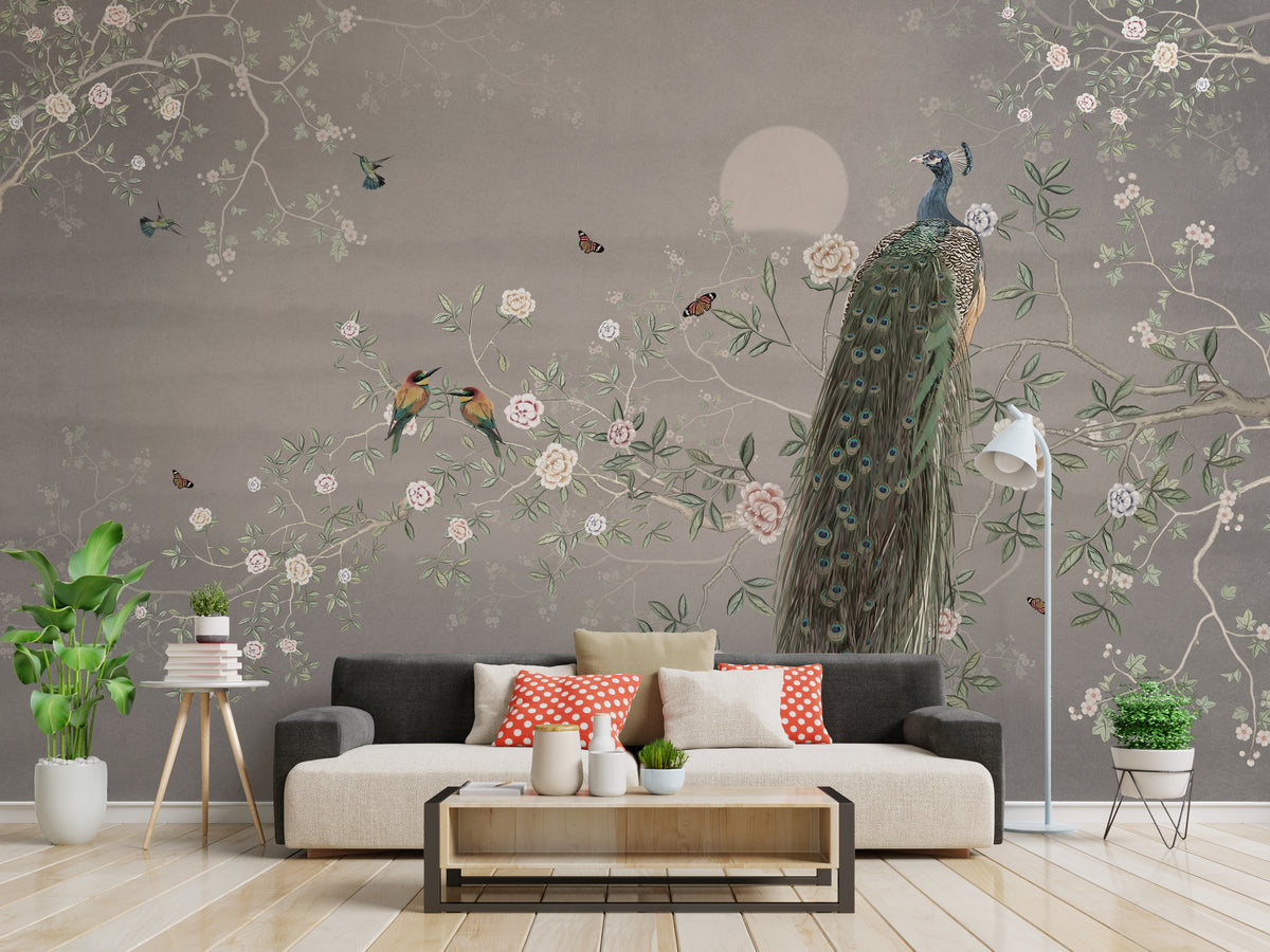 Vintage Gray Peacock Floral Removable Wallpaper