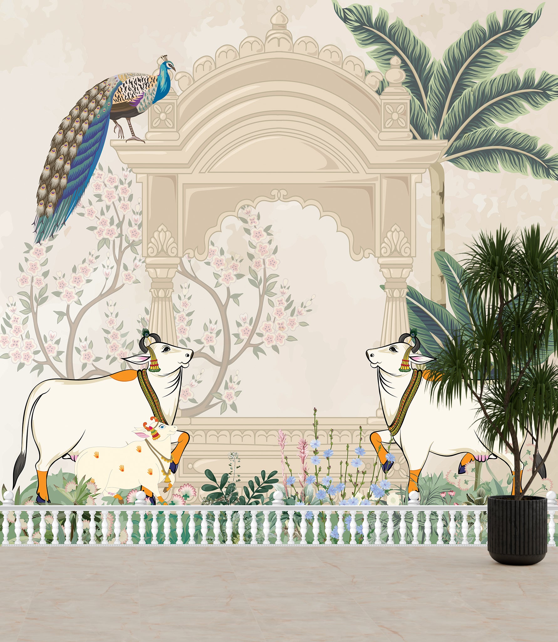 Traditional Mughal peacock wallpaper with floral trees and pastel shades for hallway decor