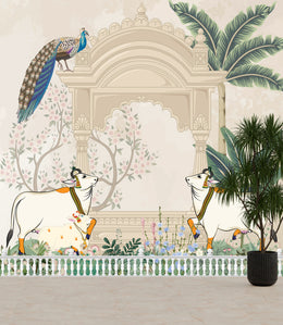 Traditional Mughal peacock wallpaper with floral trees and pastel shades for hallway decor