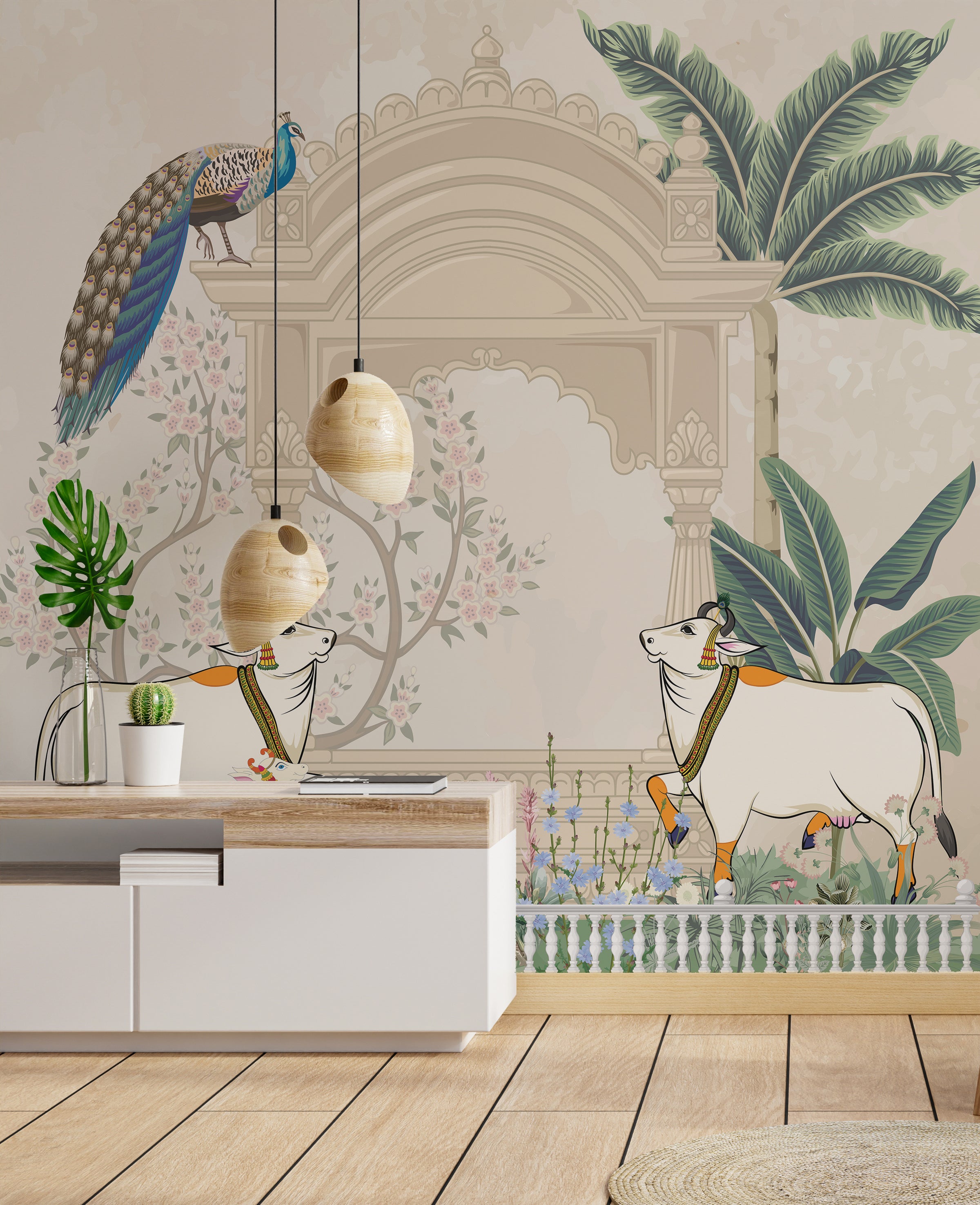 Decorative Mughal arch wallpaper with peacock and blossoms for meditation room interior design