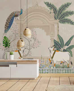Decorative Mughal arch wallpaper with peacock and blossoms for meditation room interior design