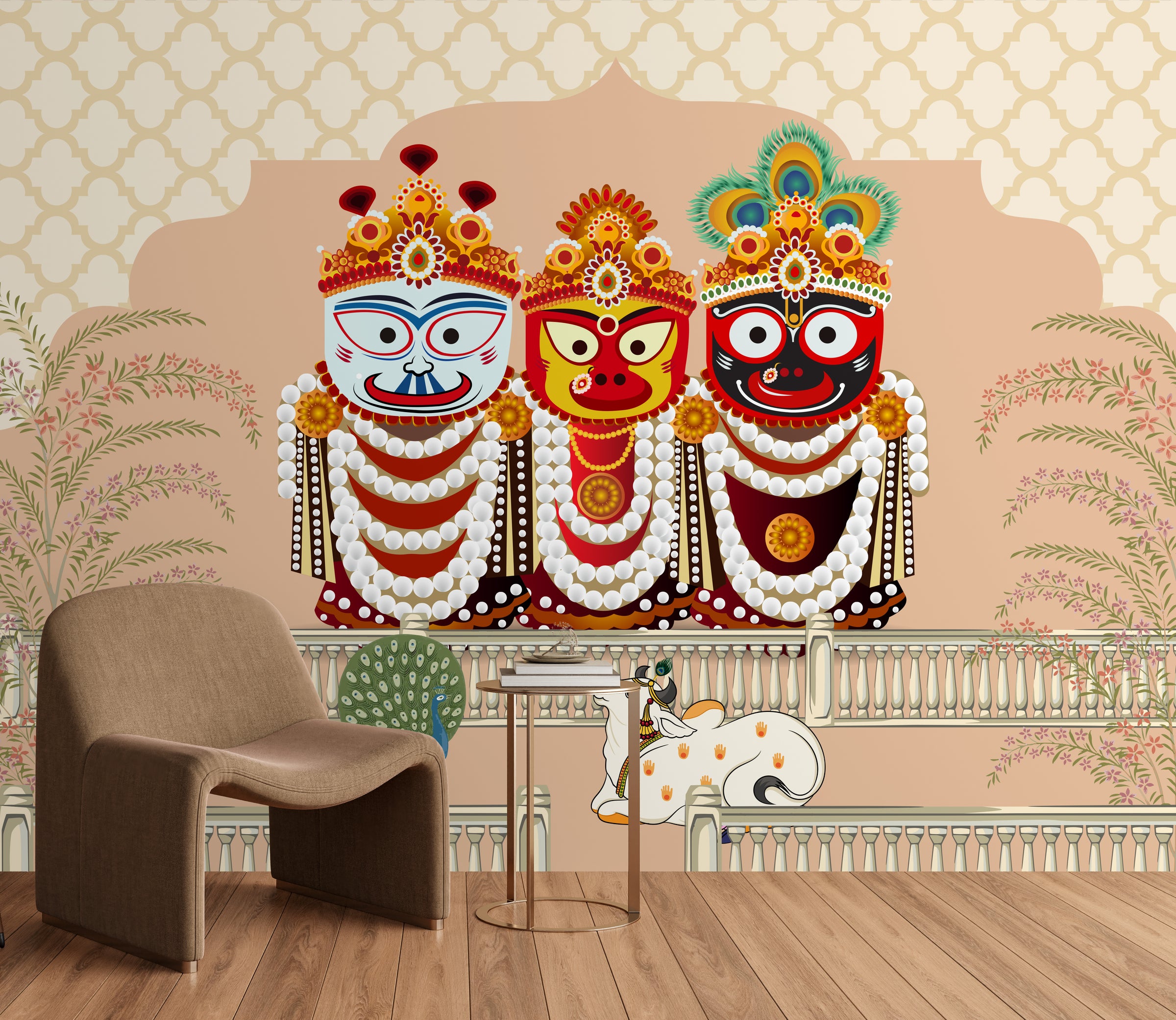Jagannath Puri wallpaper with vibrant deity faces, red gold tones, bold living room decor