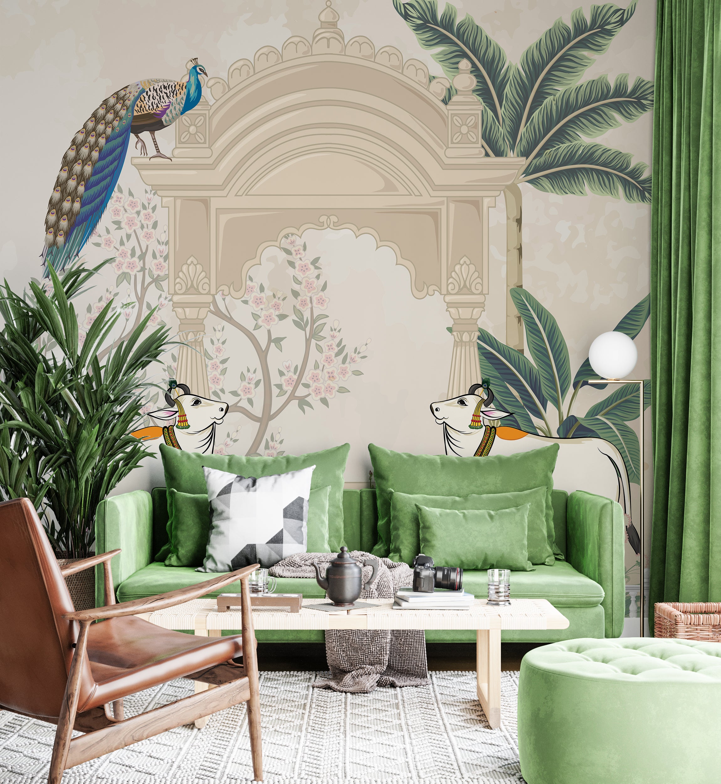 Peacock Mughal arch wallpaper with cows and florals in beige tones for living room